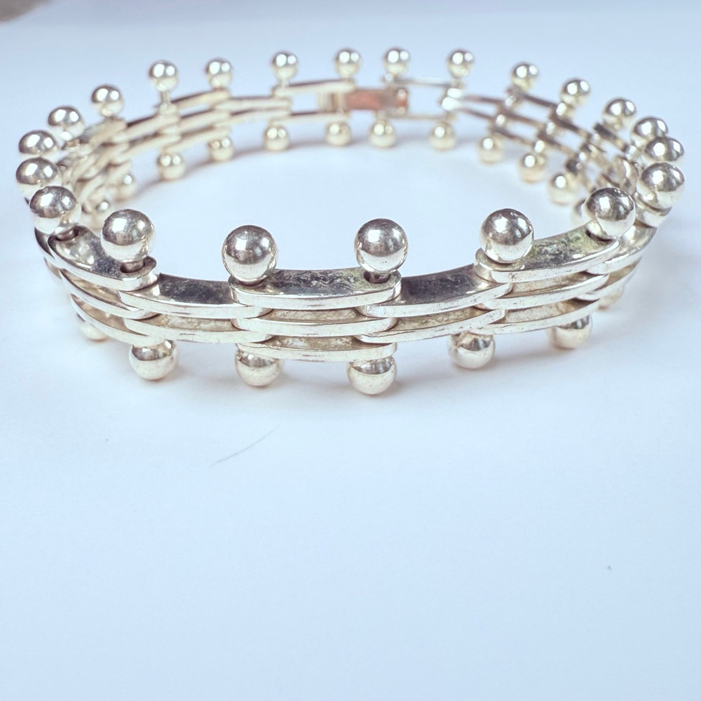 Modernist Sterling Silver DNA Ball & Bead Bar Link Sterling Silver VTG Bracelet